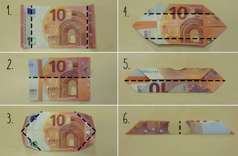 Insgesamt werden drei Banknoten gefaltet.