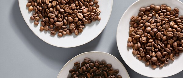 Drei Teller mit unterschiedlich dunklen Kaffeebohnen