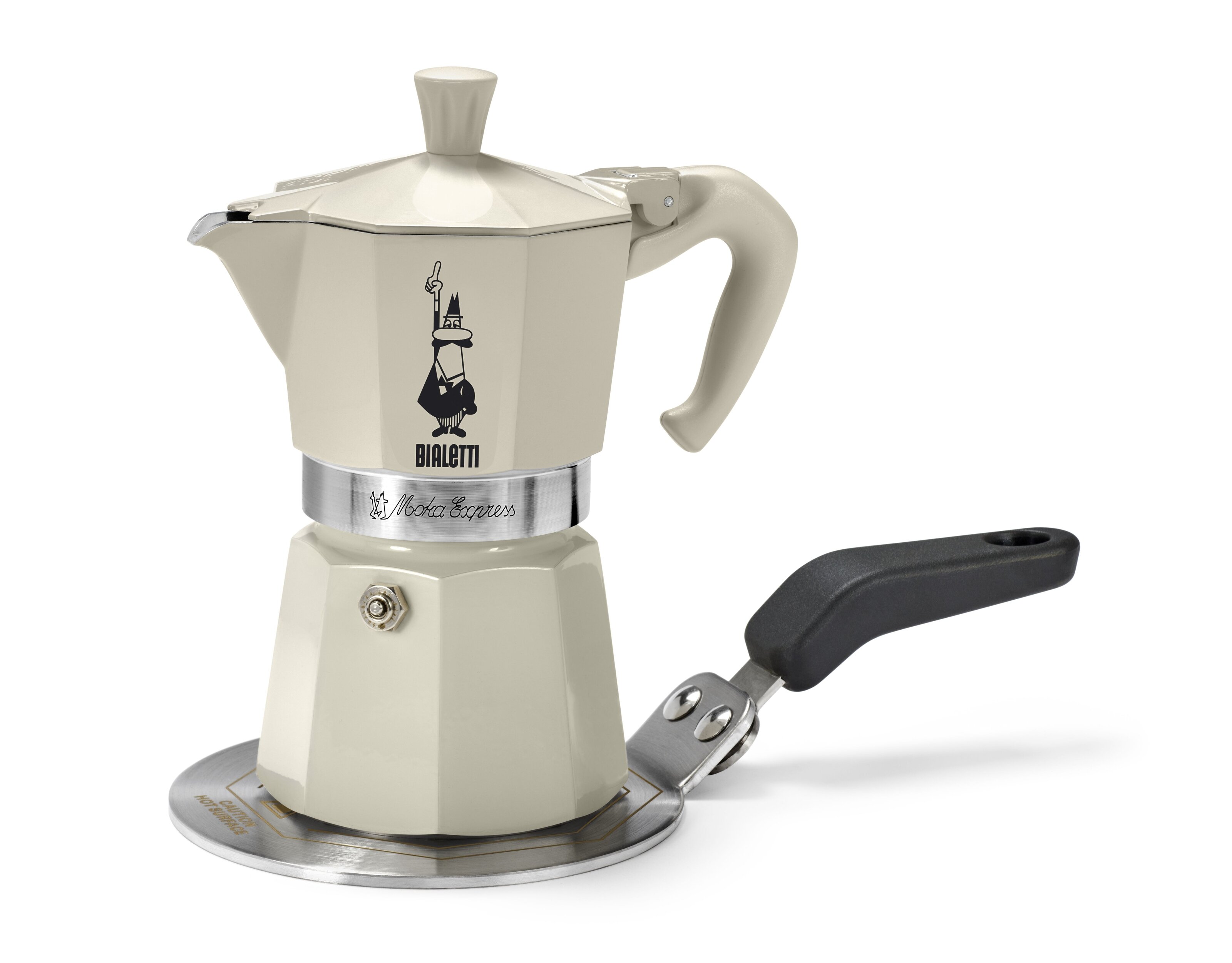 Cremefarbene Bialetti-Mokkakanne auf Adapterplatte