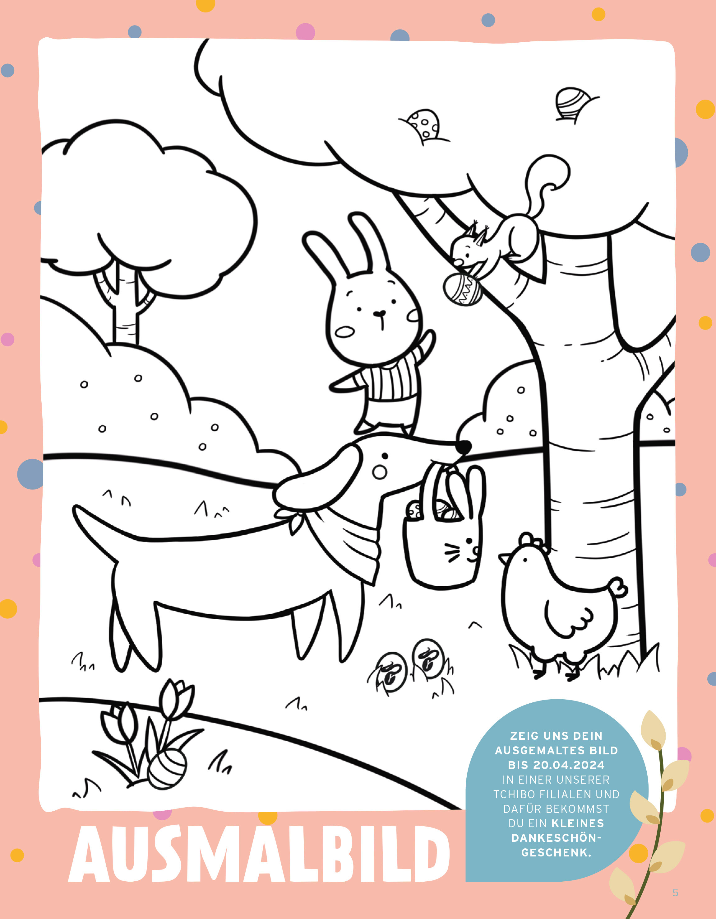 Osterszene mit Hase, Dackel, Eichhörnchen und Huhn