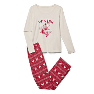 Link: Großansicht des Bildes - Bildinhalt: Beige Winterpyjama mit roter Mickey-Maus-Hose