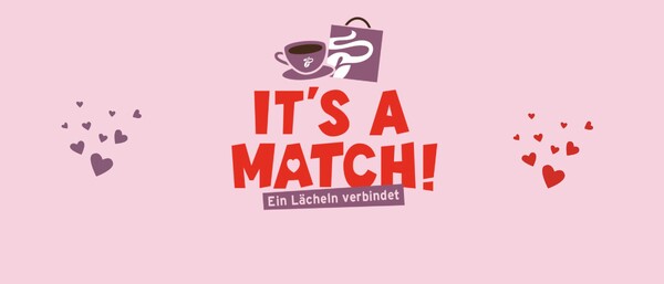 Rosa Grafik mit Text „It’s a match! Ein Lächeln verbindet“