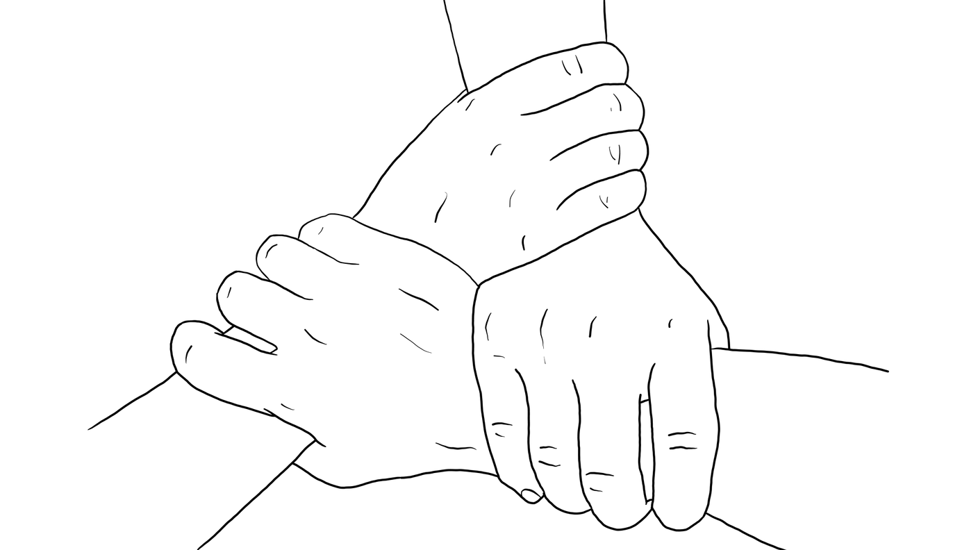 Illustration von drei Hände die sich gegenseitig festhalten