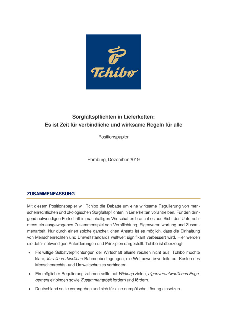 PDF-file Preview for: Tchibo Positionspapier - Regulierung von Sorgfaltspflichten in Lieferketten 12/2019