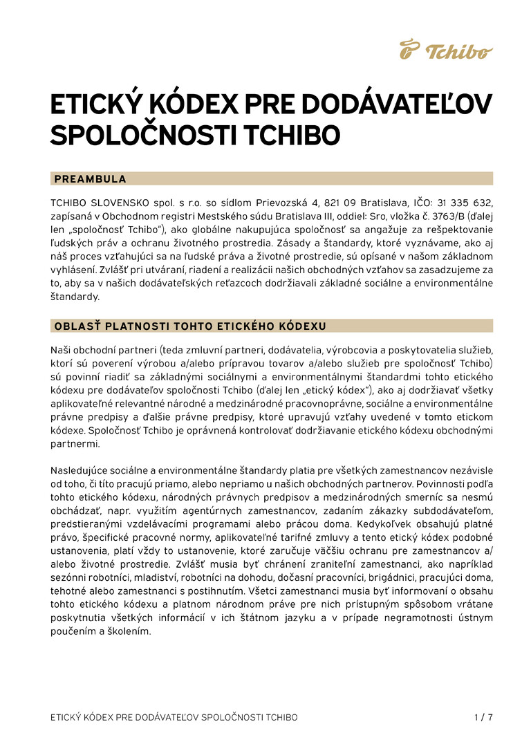 PDF-file Preview for: Tchibo Supplier Code of Conduct (Slowakisch)