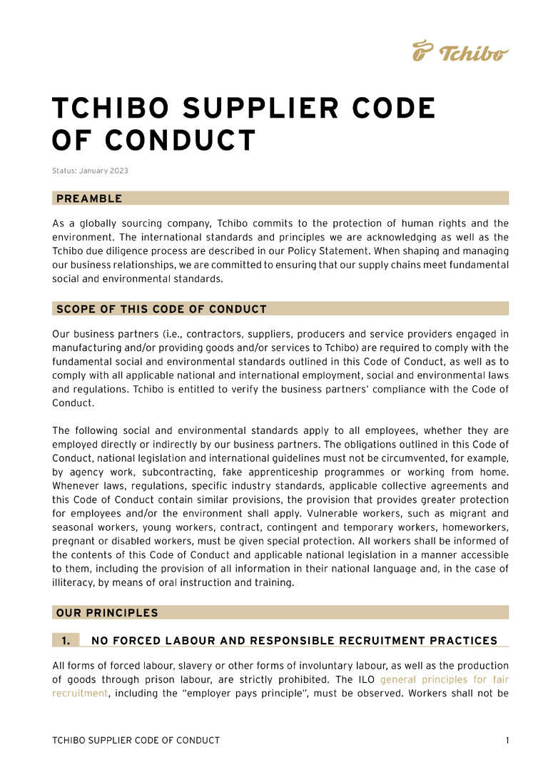 PDF-file Preview for: Tchibo Supplier Code of Conduct (Englisch)