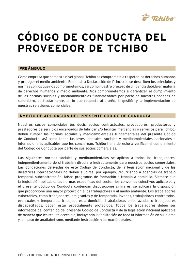 PDF-file Preview for: Tchibo Supplier Code of Conduct (Spanisch)