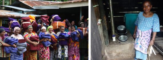 Große Freude bei den Dorfbewohnerinnen über ihre neuen Decken und der Lehmofen einer Dorfbewohnerin