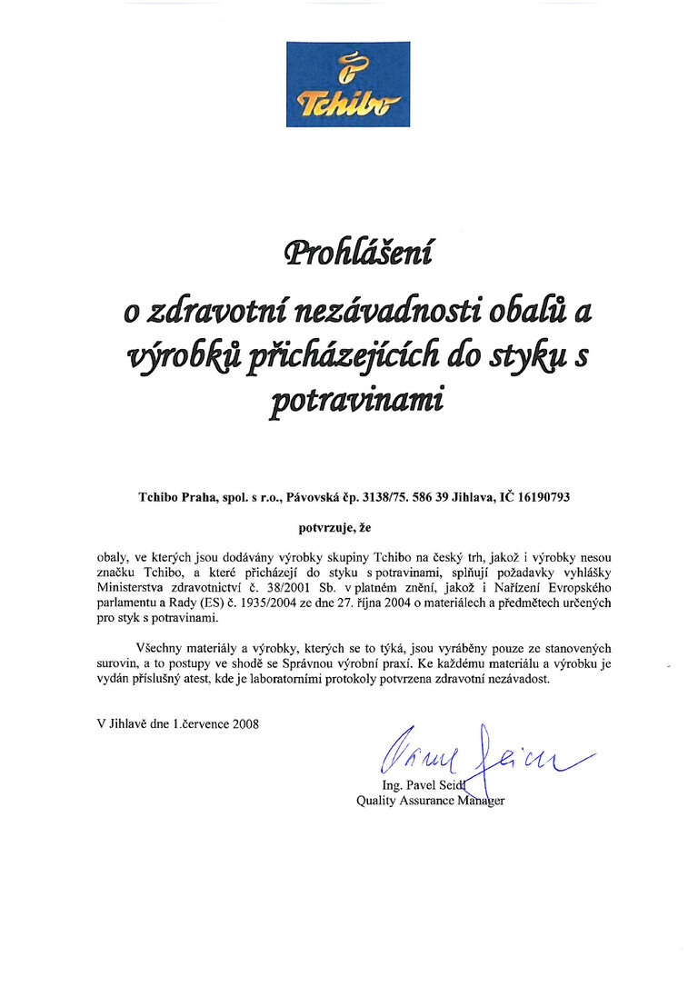 PDF-file Preview for: PROHLÁŠENÍ O ZDRAVOTNÍ NEZÁVADNOSTI OBALŮ A VÝROBKŮ