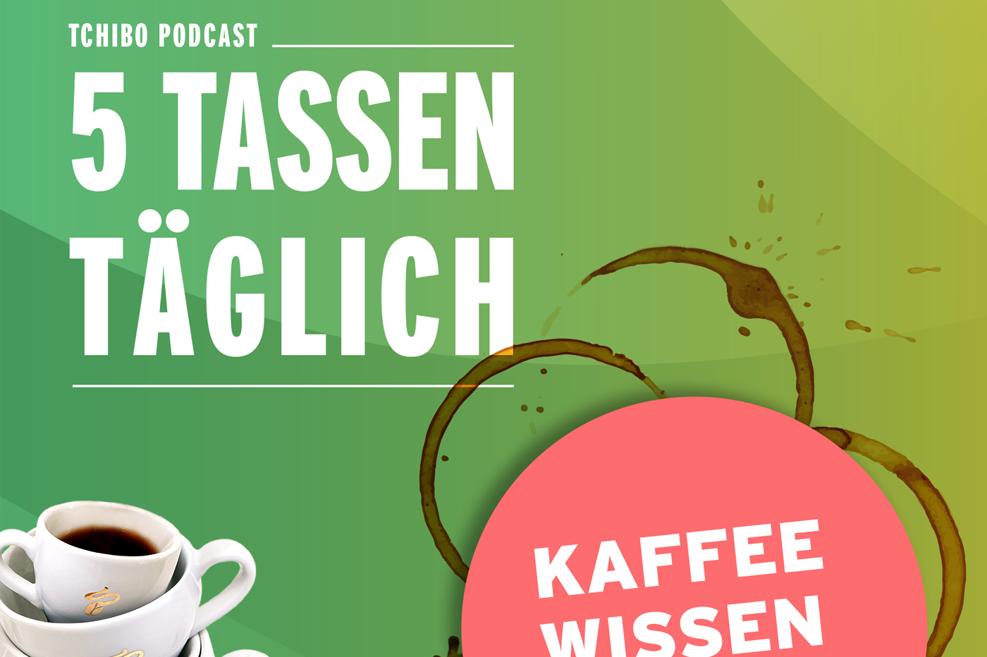 Podcast-Cover: „5 Tassen täglich“ mit Kaffeetassen