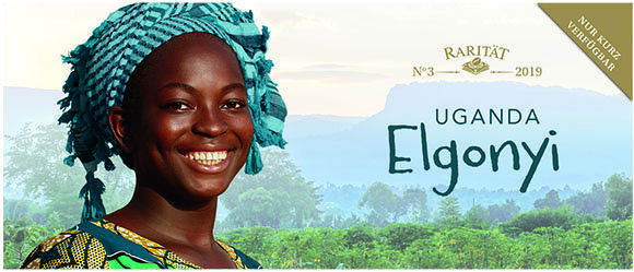 Frau vor ugandischer Landschaft, Text „Uganda Elgonyi“