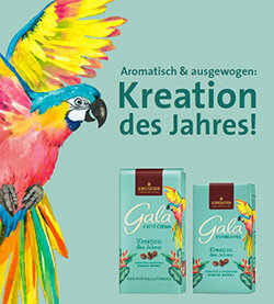 Bunte Gala-Kaffeeverpackung mit Papagei