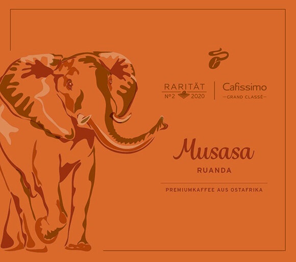 Oranges Kaffeedesign mit Elefant und Schriftzug Musasa