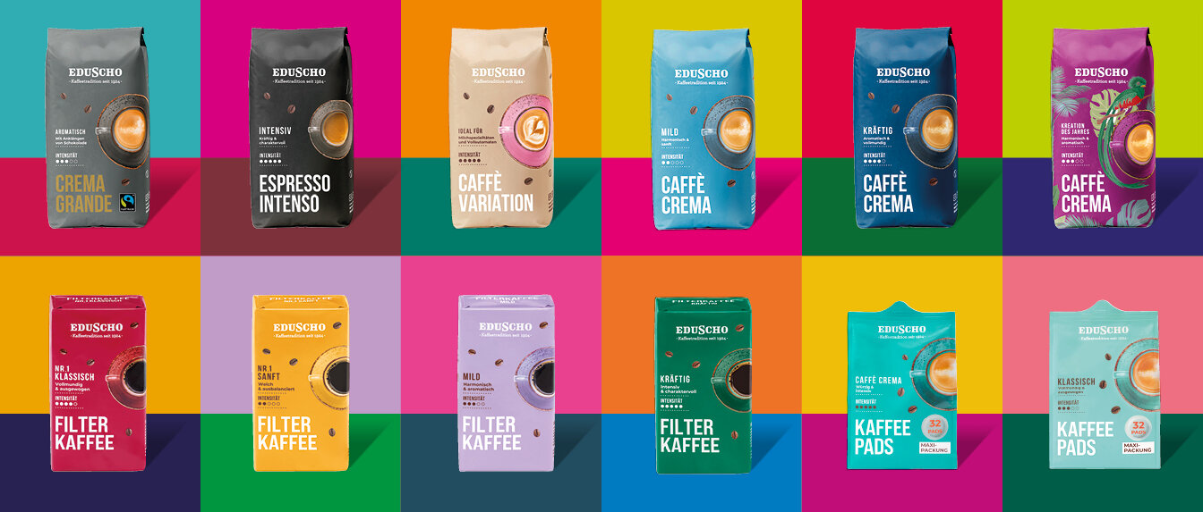 Bunte Eduscho-Kaffeepackungen in drei Reihen
