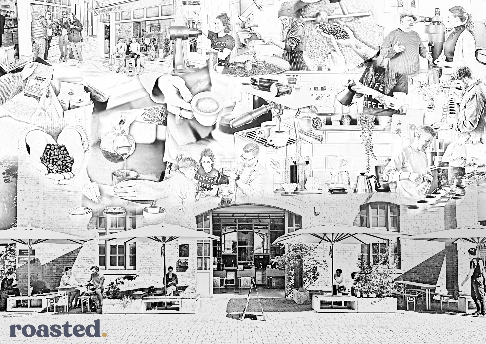 Collage einer Kaffeerösterei mit Gästen draußen