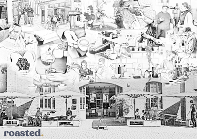 Collage einer Kaffeerösterei mit Gästen draußen