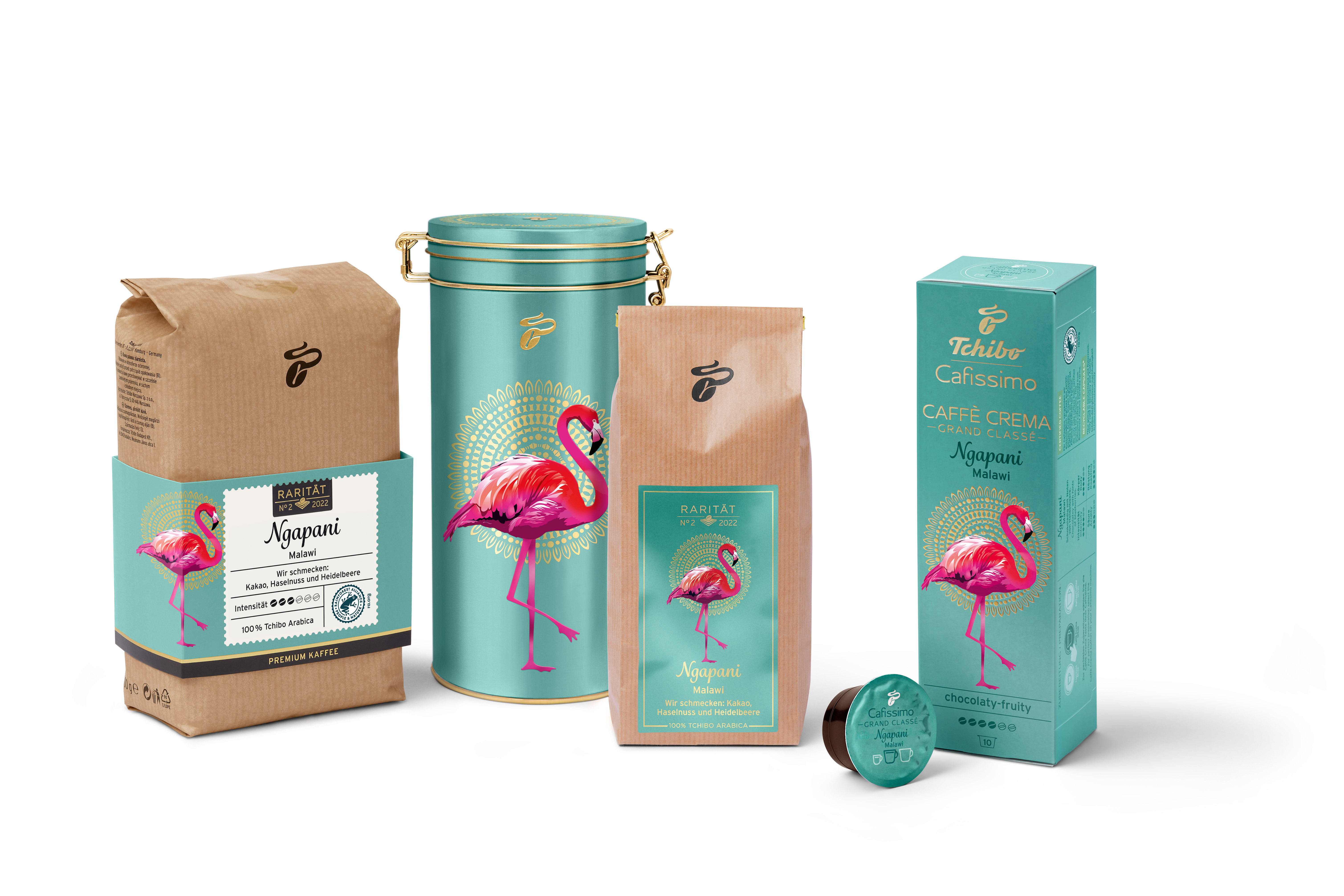 Tchibo-Kaffeeserie Ngapani mit pinkem Flamingo