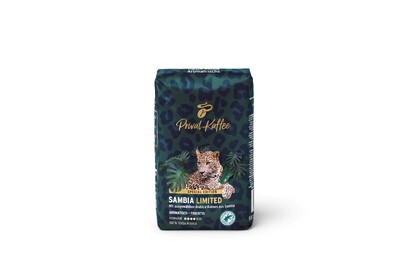 Dunkle Kaffeepackung „Sambia Limited“ mit Leopard