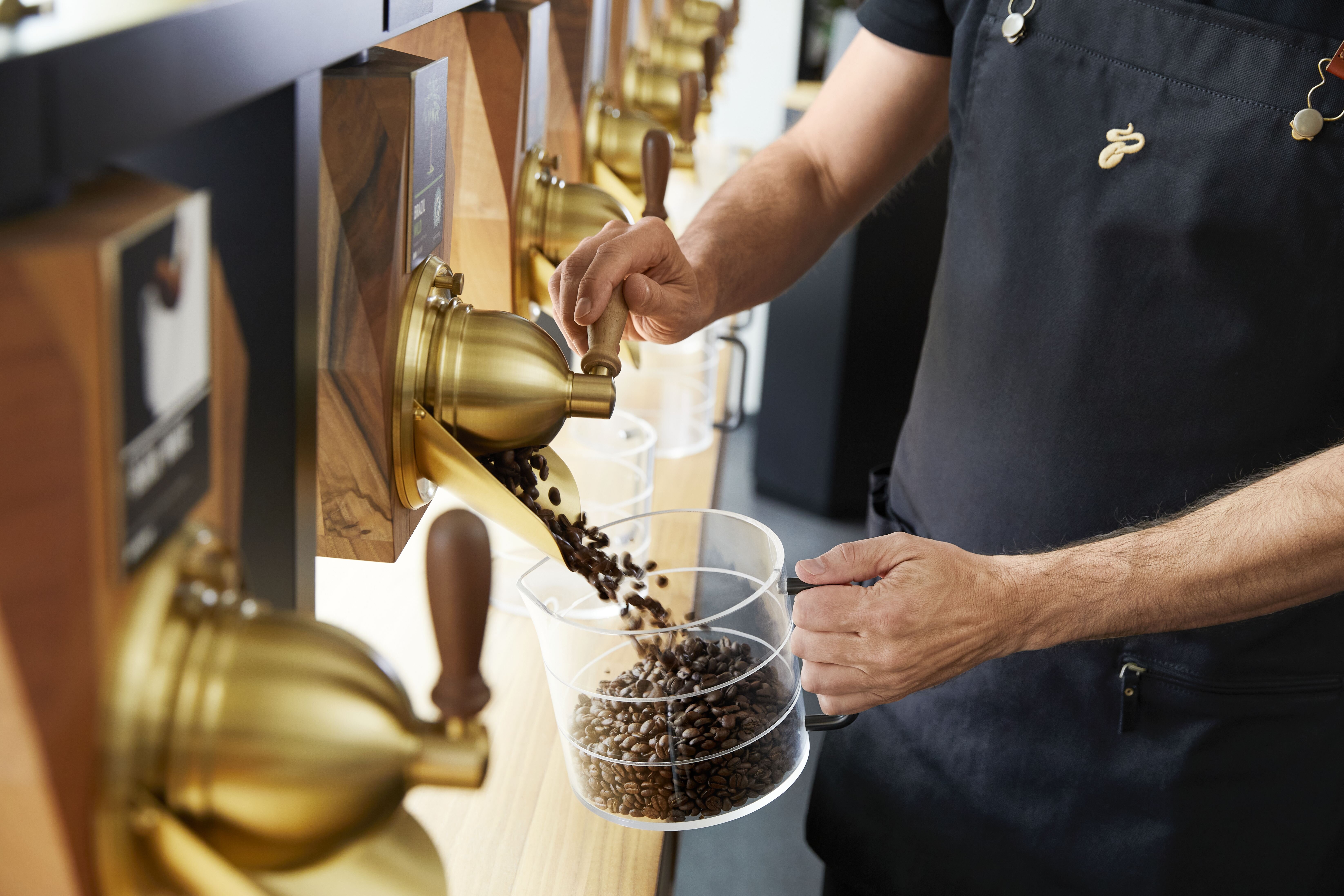 Barista füllt Kaffeebohnen aus goldener Mühle