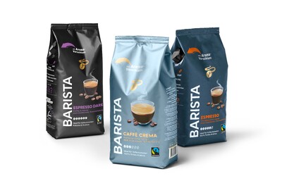 Drei Barista-Kaffeepackungen in verschiedenen Farben