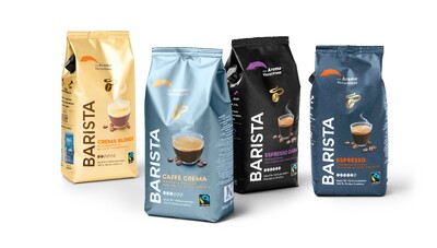 Vier Barista-Kaffeepackungen in verschiedenen Farben