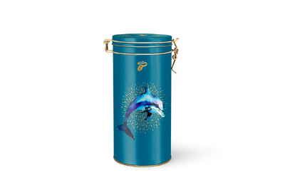 Türkise Metall-Dose mit blauem Delfinmotiv