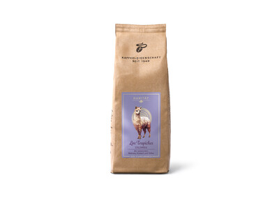 Braune Kaffeepackung mit Lama-Motiv vorne