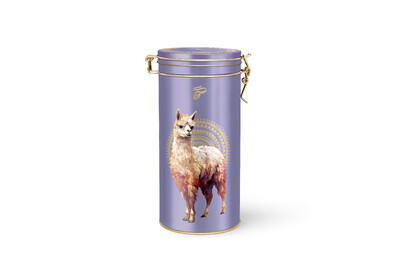 Lila Dose mit buntem Lama und goldenen Details