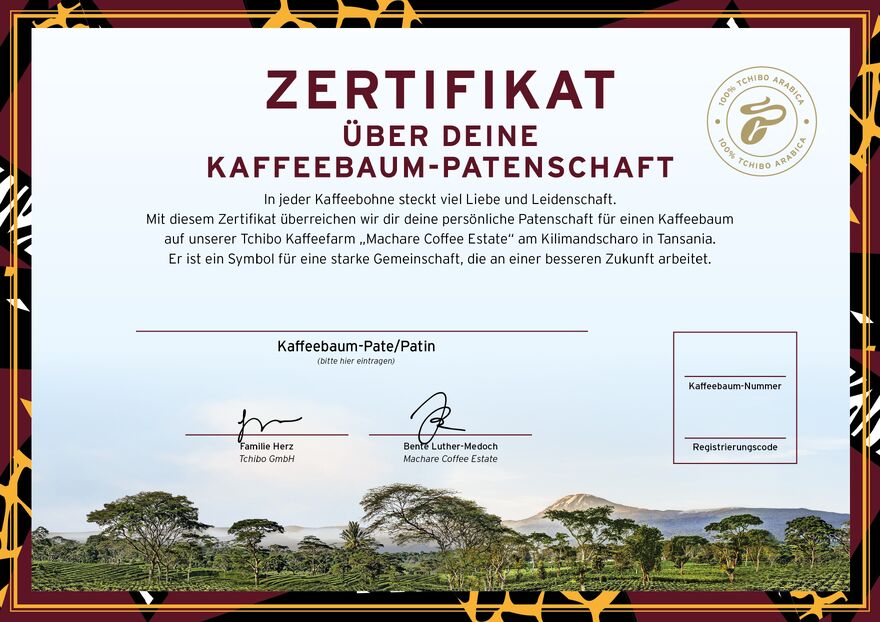 Zertifikat über eine Kaffeebaum-Patenschaft