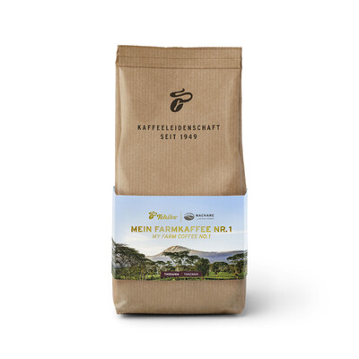 Braune Tchibo-Kaffeepackung „Mein Farmkaffee Nr.1“