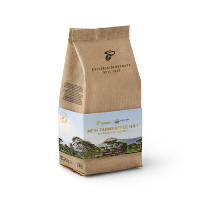 Braune Tchibo-Kaffeepackung „Mein Farmkaffee Nr.1“