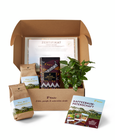 Geschenkbox mit Kaffee, Pflanze und Zertifikat