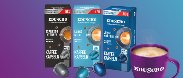 Eduscho Kaffeekapseln und lila Tasse mit Kaffee
