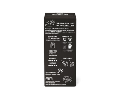 Schwarze Kaffeeverpackung mit weißer Infografik