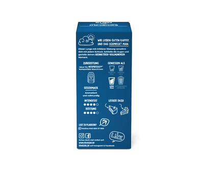 Blaue Kaffeekapselpackung mit weißen Infos