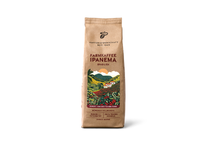 Braune Tchibo-Kaffeepackung „Farmkaffee Ipanema“