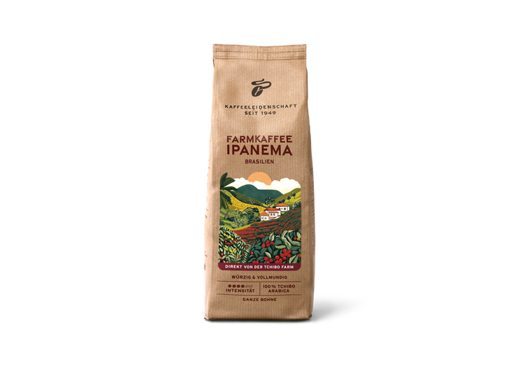 Braune Tchibo-Kaffeepackung „Farmkaffee Ipanema“