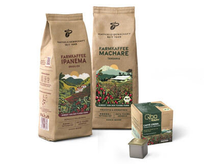 Drei Tchibo Farmkaffee-Packungen mit Bergmotiven