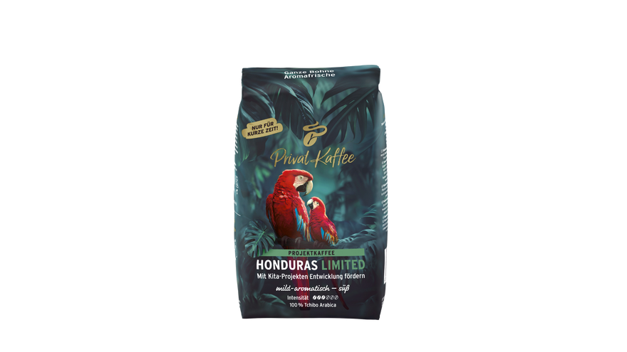 Kaffee-Packung „Honduras Limited“ mit roten Papageien