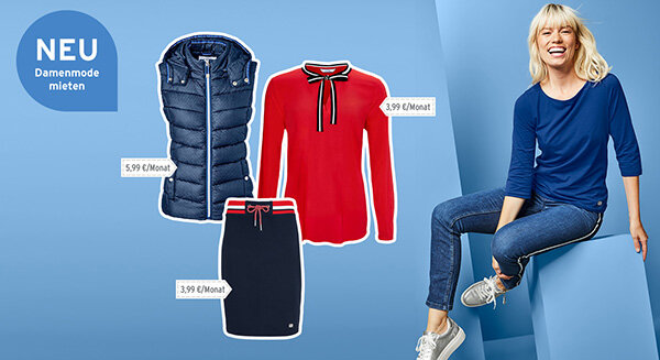 Werbung für mietbare Damenmode mit Outfit-Beispielen