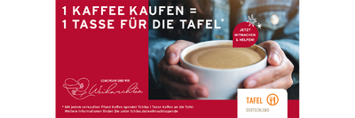 Werbung: Hand hält Kaffeetasse, Text Spendenaktion