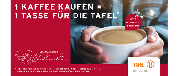Werbung: Hand hält Kaffeetasse, Text Spendenaktion