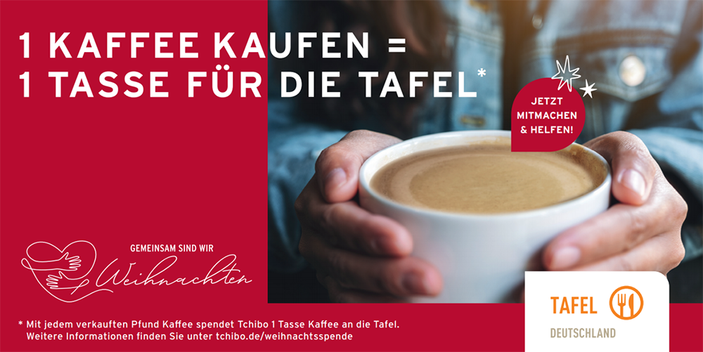Hände halten weiße Kaffeetasse, Tafel-Spendenaufruf