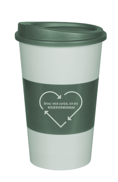Grüner Mehrwegbecher mit Herz-Recycling-Symbol