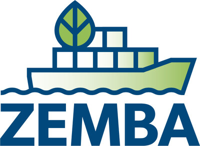 Logo: Containerschiff mit Blatt und Schrift „ZEMBA“