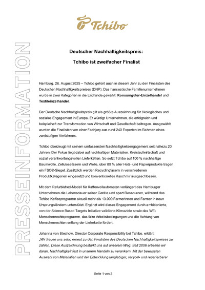 Tchibo-Pressemitteilung zum Nachhaltigkeitspreis