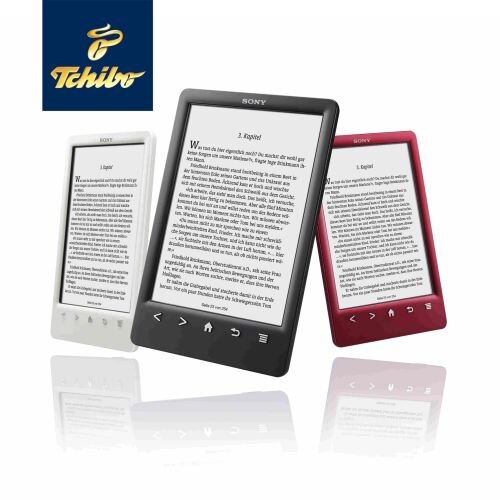 Drei Sony E‑Book‑Reader in Weiß, Schwarz, Rot