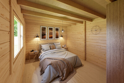 Gemütliches Holzschlafzimmer mit Doppelbett