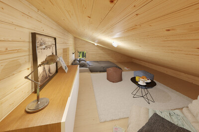 Gemütlicher Dachboden mit Holzverkleidung und Lounge