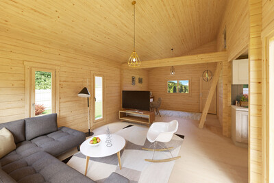 Helles Holzwohnzimmer mit Sofa, TV und Küchenbereich